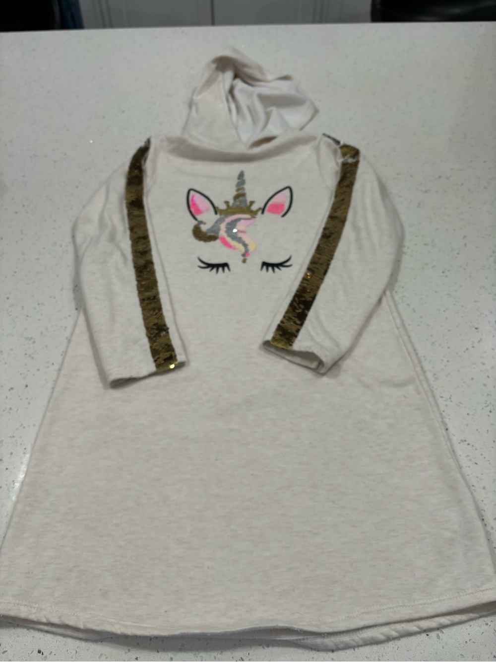 Girls Size 10Cream Hooded Unicorn Dress with Gold Sequin Stripes and Pink Accent